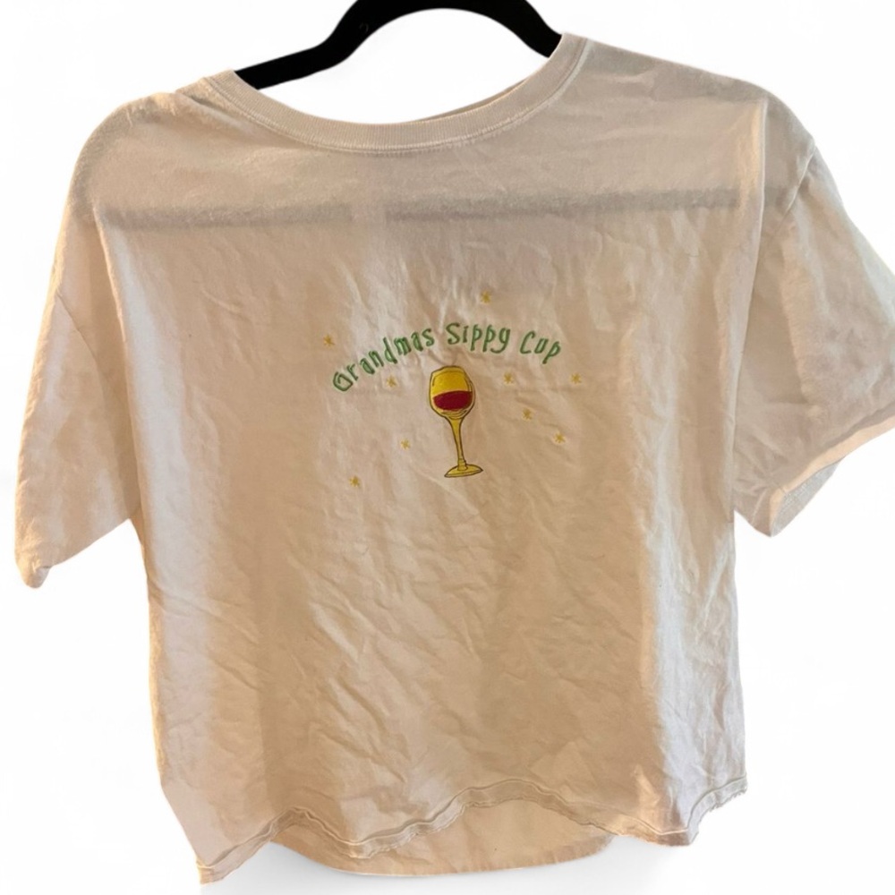 “Grandma’s Sippy cup.” White T-Shirt with Embroidered Design